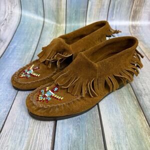Minnetonka Brown Leather Moccasin Boots Thunderbird Beading Size 7 Vintage
